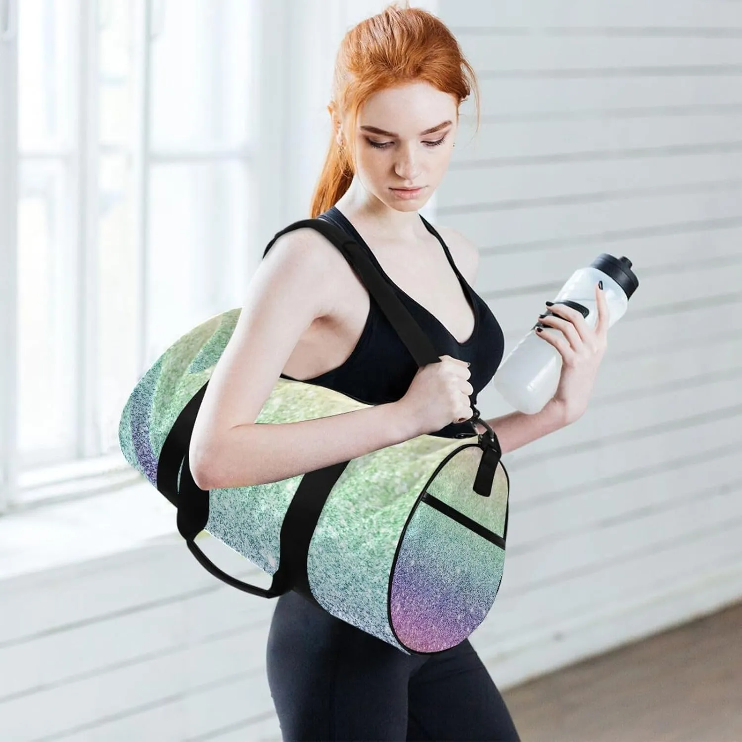 Rainbow Multi-colored Glitter and Glare Pattern Portable Gym Bag, Travel Bag, Luggage bag, Sports Bag, Toiletry Bag with Handles, Detachable Shoulder Strap 17.6 x 9 x 9 inch