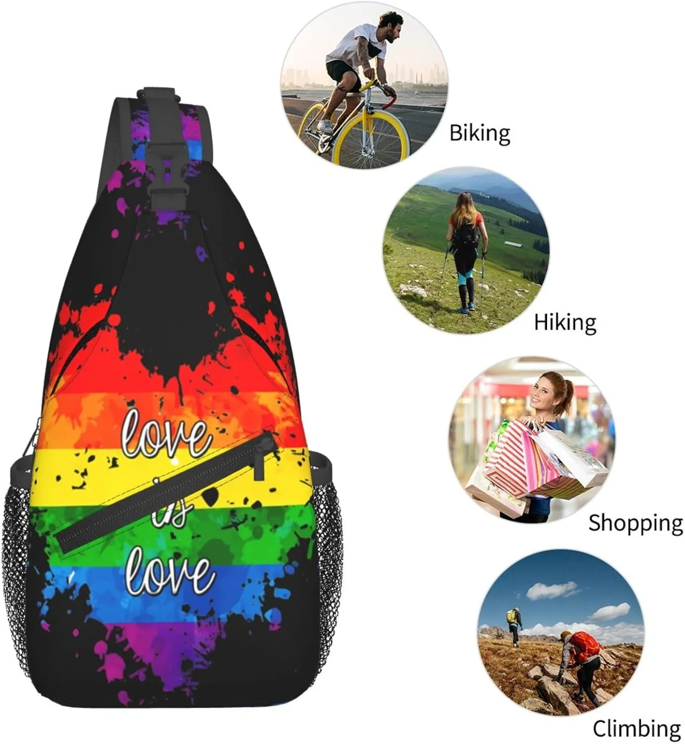 Rainbow Pride Love Is Love Chest Sling Bag Crossbody Shoulder Backpack Bag Gym Cycling Daypack Travel Hiking Cross Bag