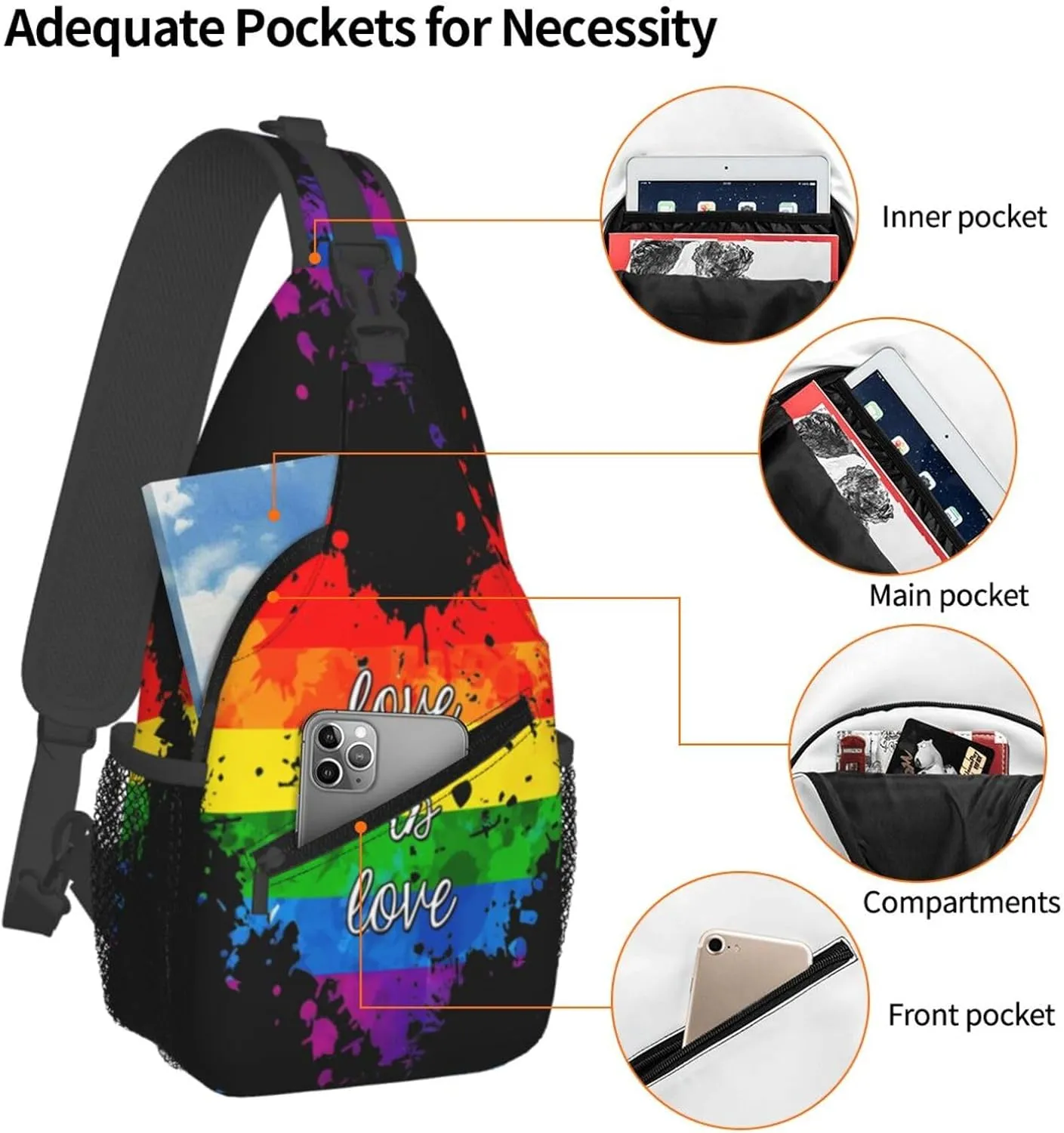 Rainbow Pride Love Is Love Chest Sling Bag Crossbody Shoulder Backpack Bag Gym Cycling Daypack Travel Hiking Cross Bag
