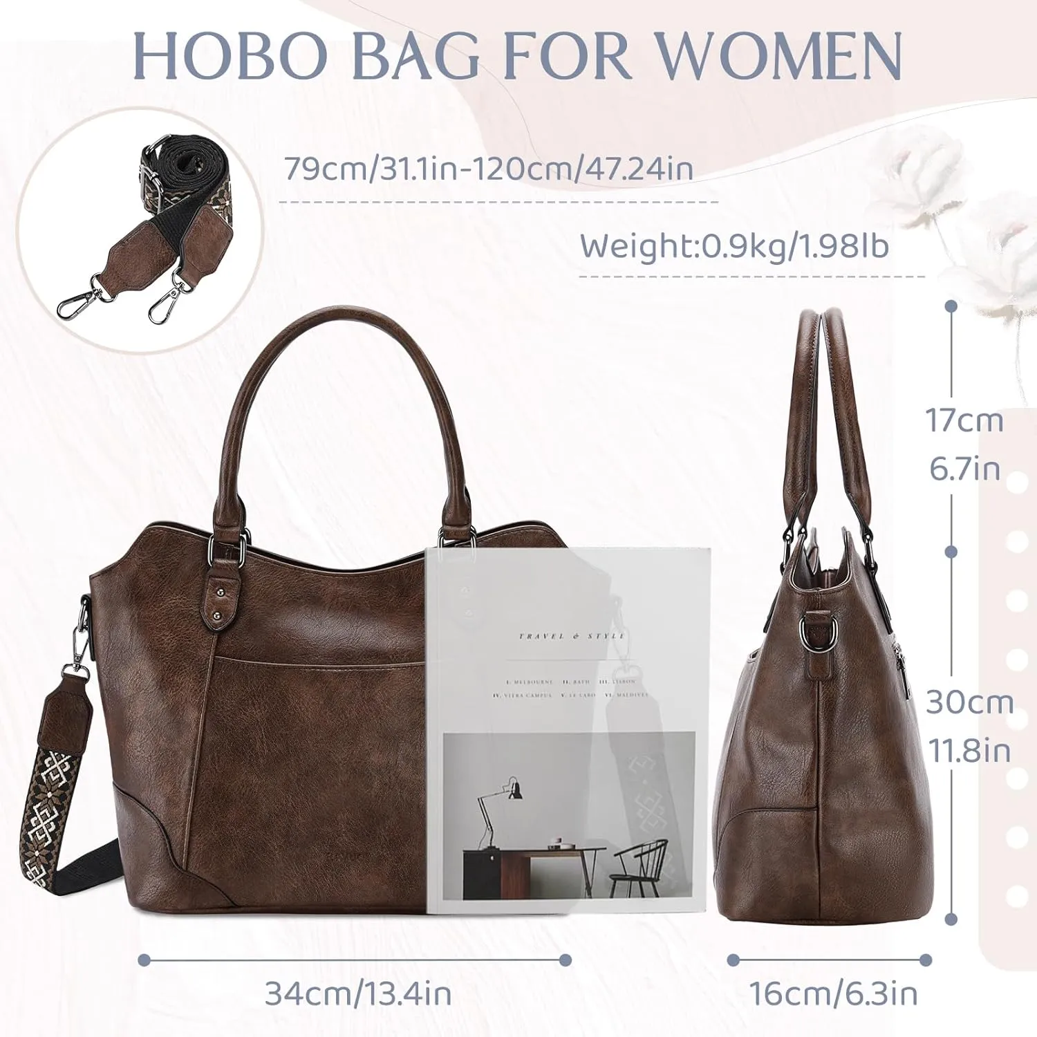 RAVUO Hobo Bag for Women, Vegan Leather Top Handle Handbag Shoulder Purse Chic Ladies Crossbody Bag W Guitar Strap