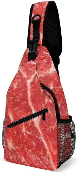 Raw Meat Pork Pattern Printed Crossbody Bags Casual Sling Backpack with Adjustable Strap for Women Men