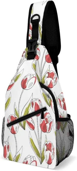 Red Tulip Flower Green Sling Backpack Botany Crossbody Chest Bag with Anti Theft,Multipurpose Travel Hiking Daypack for Men Women