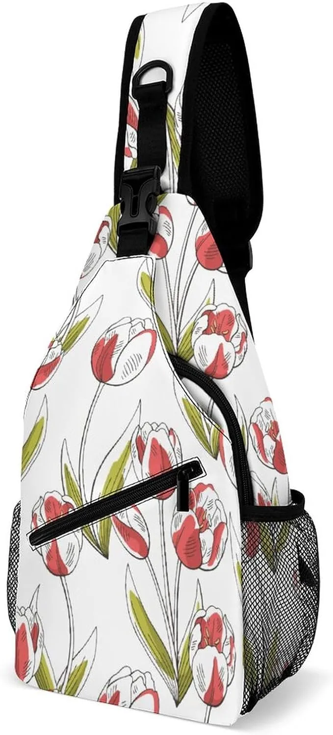 Red Tulip Flower Green Sling Backpack Botany Crossbody Chest Bag with Anti Theft,Multipurpose Travel Hiking Daypack for Men Women
