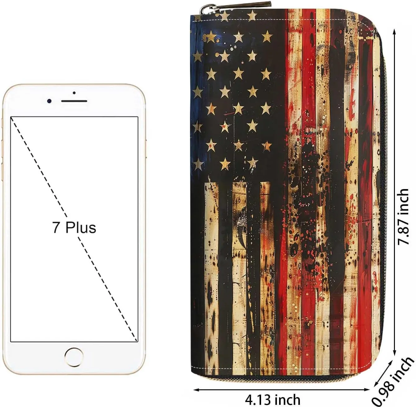 Retro Wooden American Flag Print Women Large Capacity Wallet PU Leather Zipper Clutch Purse for Smart Phone/Card/Coin/Cash