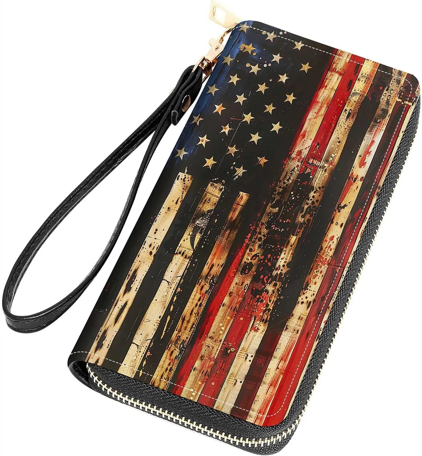 Retro Wooden American Flag Print Women Large Capacity Wallet PU Leather Zipper Clutch Purse for Smart Phone/Card/Coin/Cash