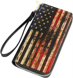 Retro Wooden American Flag Print Women Large Capacity Wallet PU Leather Zipper Clutch Purse for Smart Phone/Card/Coin/Cash