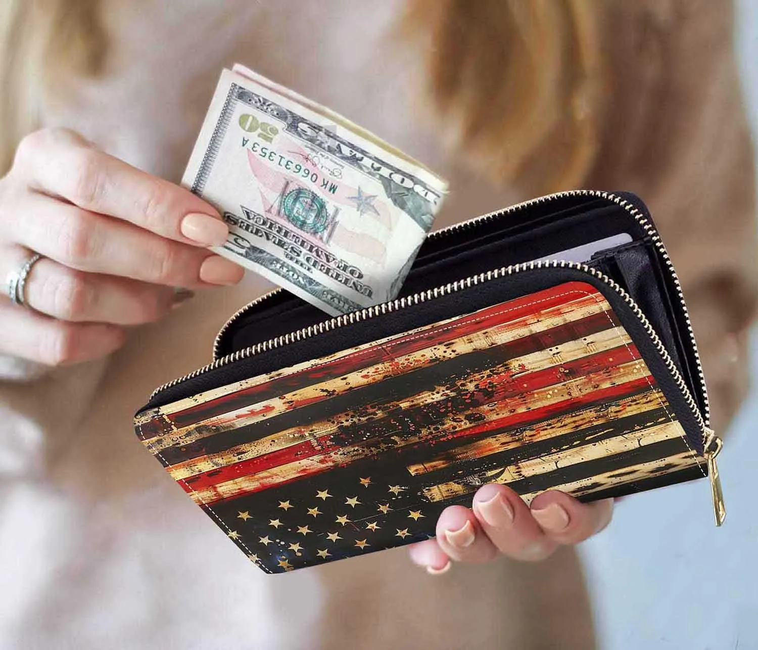 Retro Wooden American Flag Print Women Large Capacity Wallet PU Leather Zipper Clutch Purse for Smart Phone/Card/Coin/Cash