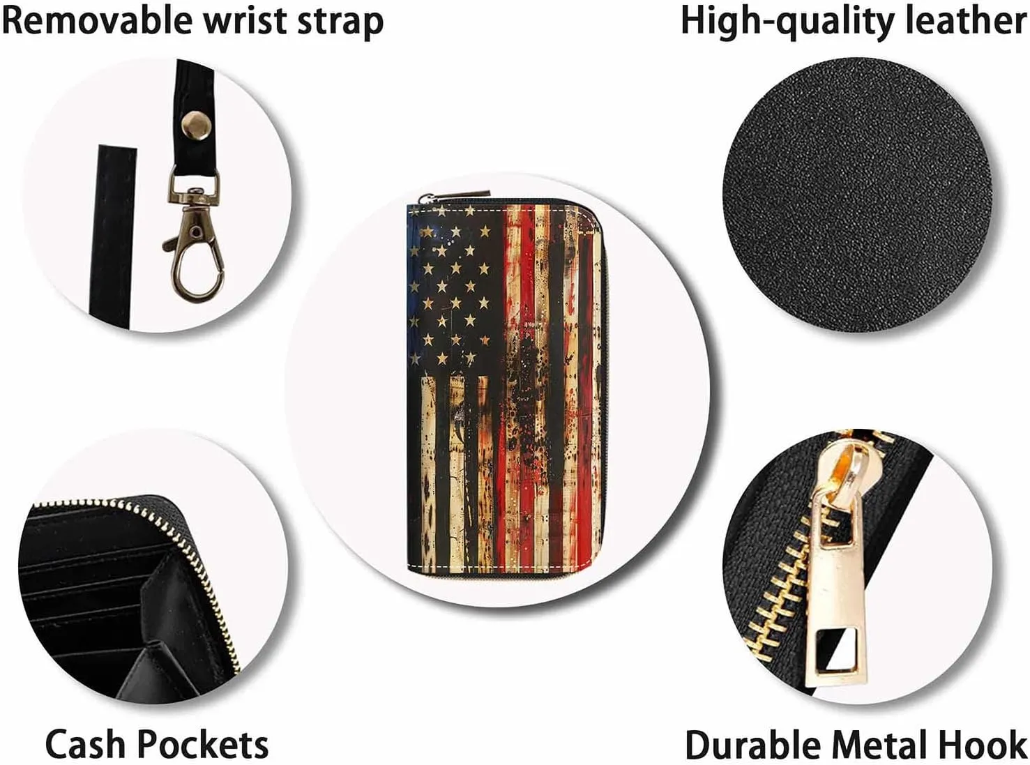 Retro Wooden American Flag Print Women Large Capacity Wallet PU Leather Zipper Clutch Purse for Smart Phone/Card/Coin/Cash