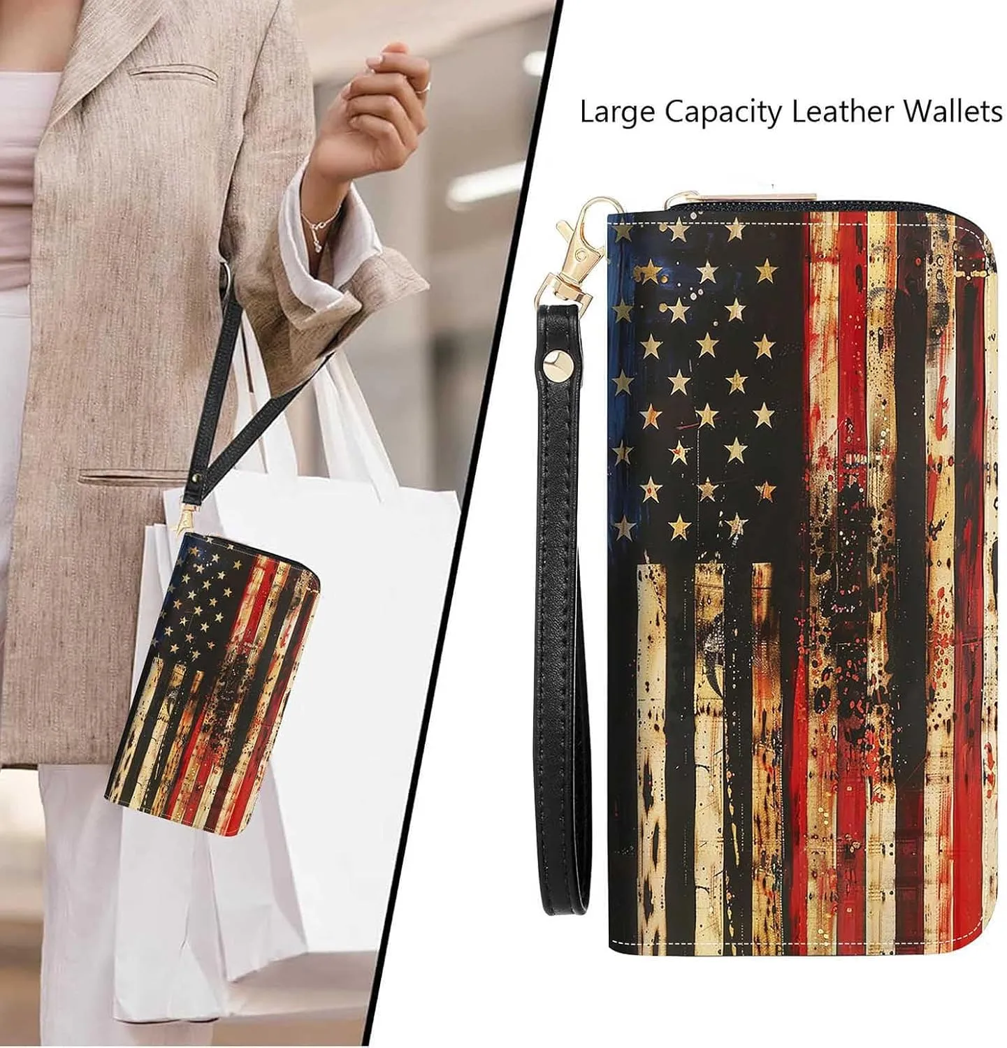 Retro Wooden American Flag Print Women Large Capacity Wallet PU Leather Zipper Clutch Purse for Smart Phone/Card/Coin/Cash