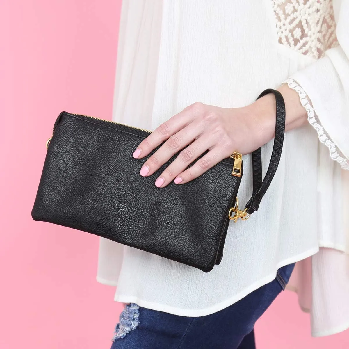 RIAH FASHION Convertible Vegan Leather Wallet Purse Clutch - Small Handbag Phone/Card Slots & Detachable Wristlet/Crossbody