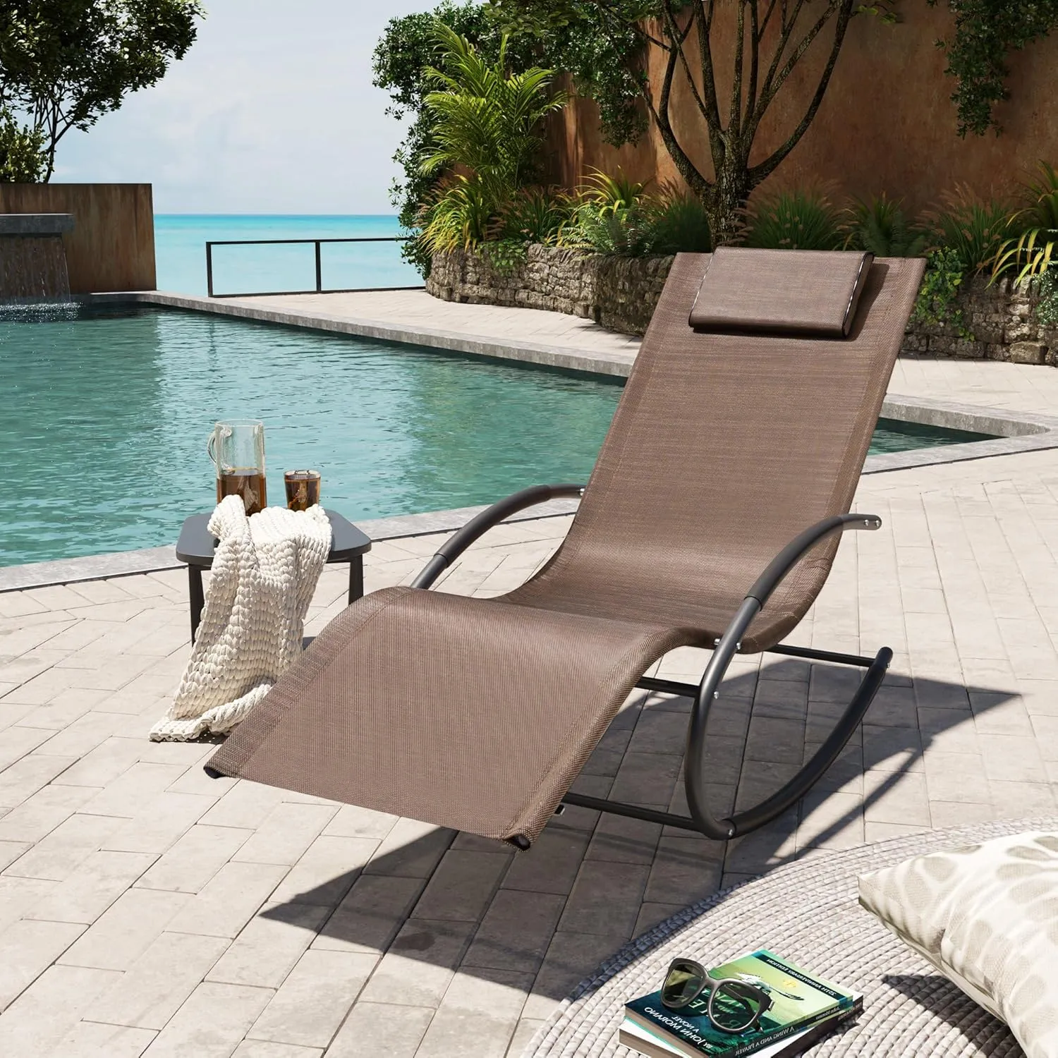 Rocking Outdoor Lounger Chair Chaise Lounge Zero Gravity Rocker - Patio Lounge Chair Rocking Sunlonger for Sunbathing, Napping for Patio, Garden, Living Room