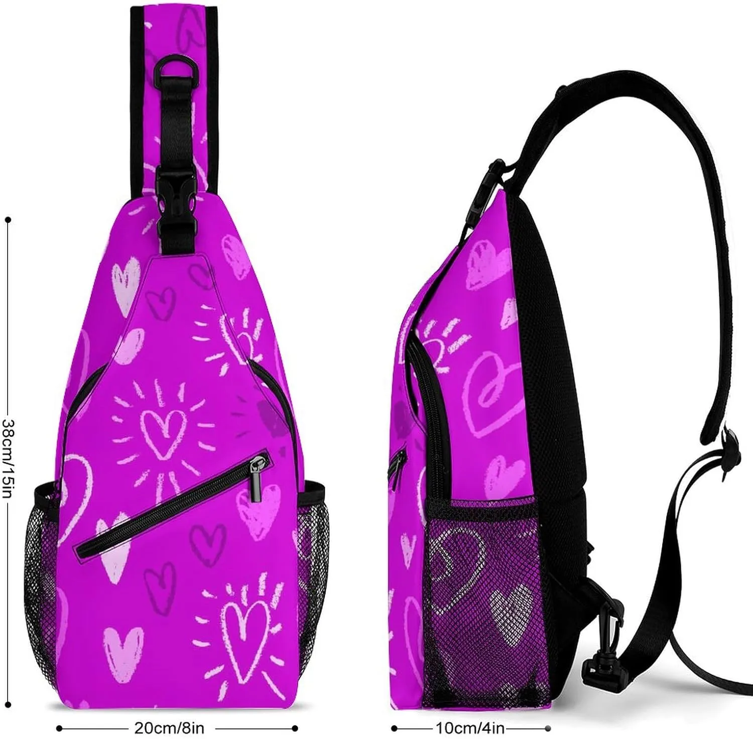 Romantic Violet Chalk Hearts Sling Backpack, Crossbody Shoulder Bag, Chest Bags for Outdoor Travel Fitness, 38x20cm, Style