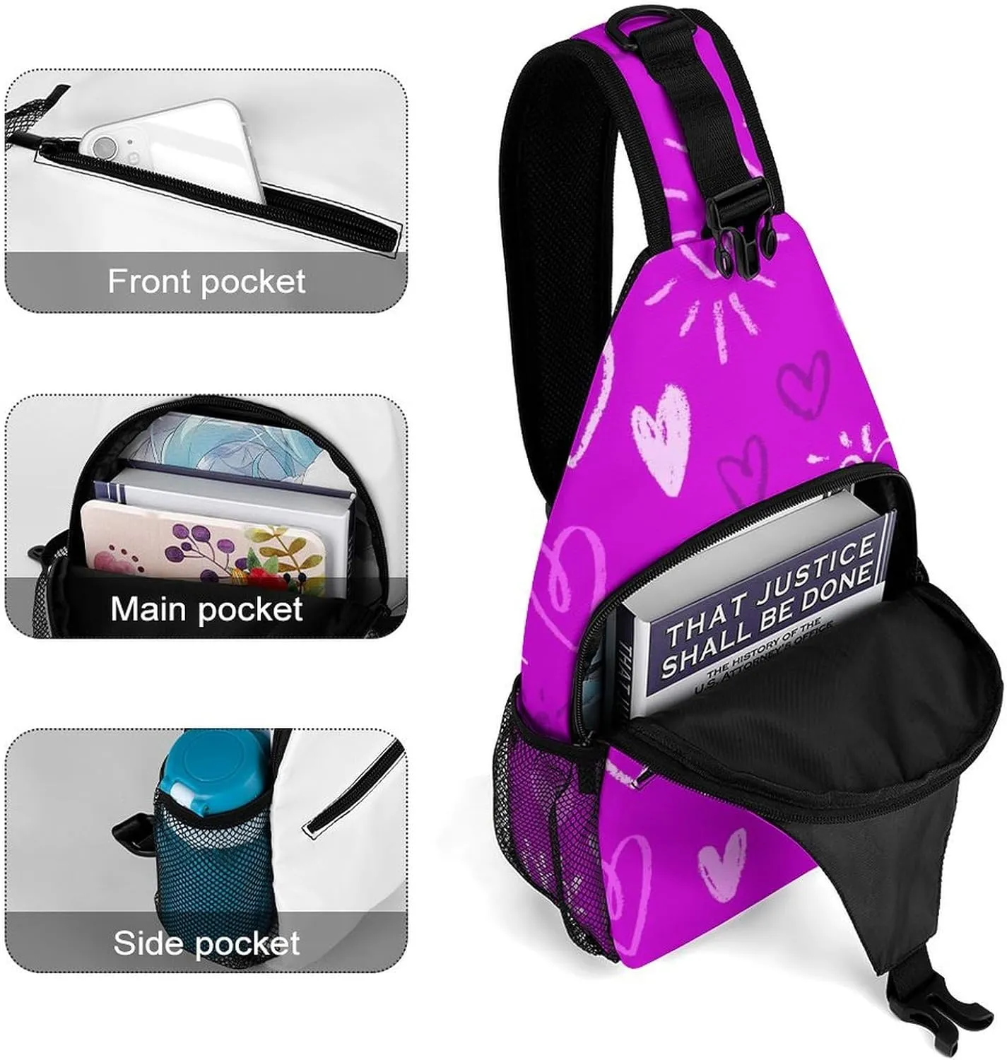 Romantic Violet Chalk Hearts Sling Backpack, Crossbody Shoulder Bag, Chest Bags for Outdoor Travel Fitness, 38x20cm, Style