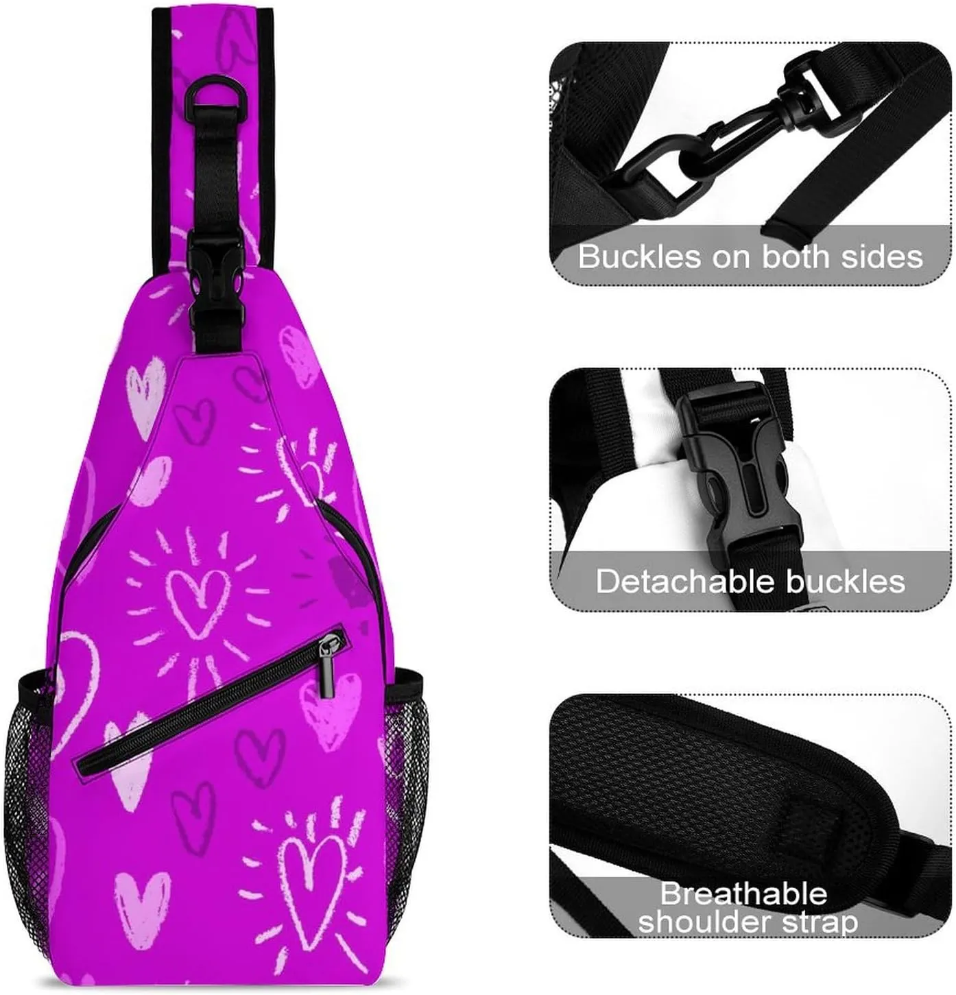 Romantic Violet Chalk Hearts Sling Backpack, Crossbody Shoulder Bag, Chest Bags for Outdoor Travel Fitness, 38x20cm, Style