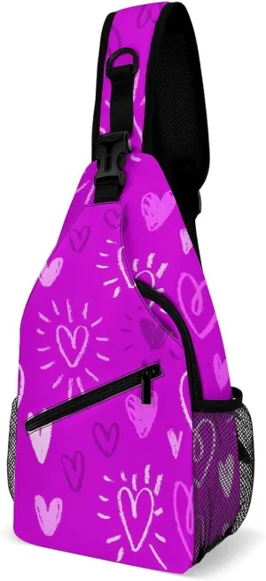 Romantic Violet Chalk Hearts Sling Backpack, Crossbody Shoulder Bag, Chest Bags for Outdoor Travel Fitness, 38x20cm, Style