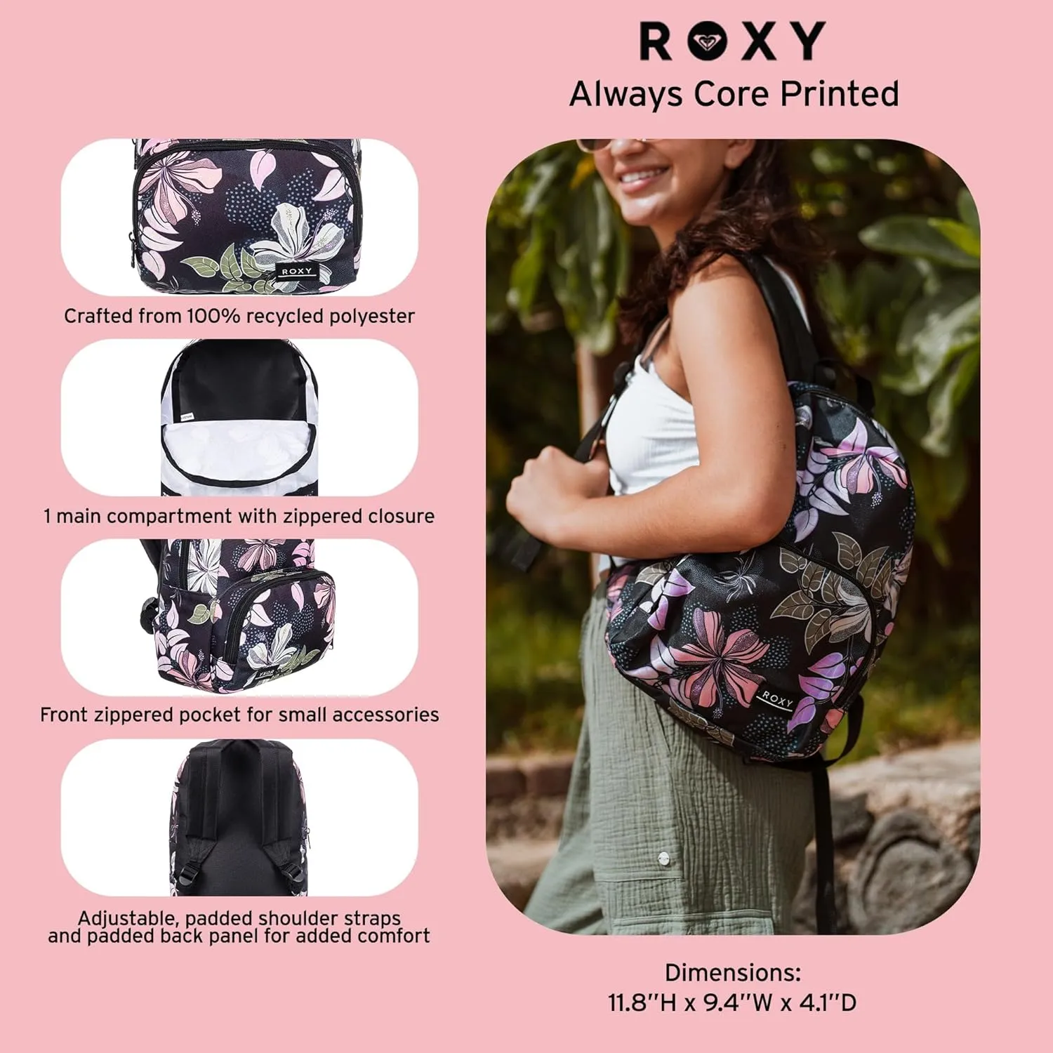 Roxy Women Always Core Mini Backpack, Anthracite Sunny Floral Swim, One Size