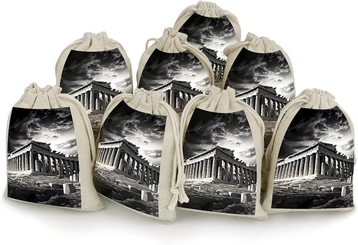 Ruins of A Temple Parthenon Acropolis Athens Greece Funny Drawstring Gifts Bag 8 Pieces Cotton Pouch Reusable Muslin Bags for Party Presents and Home Supplies 6.7x4.9 Inch