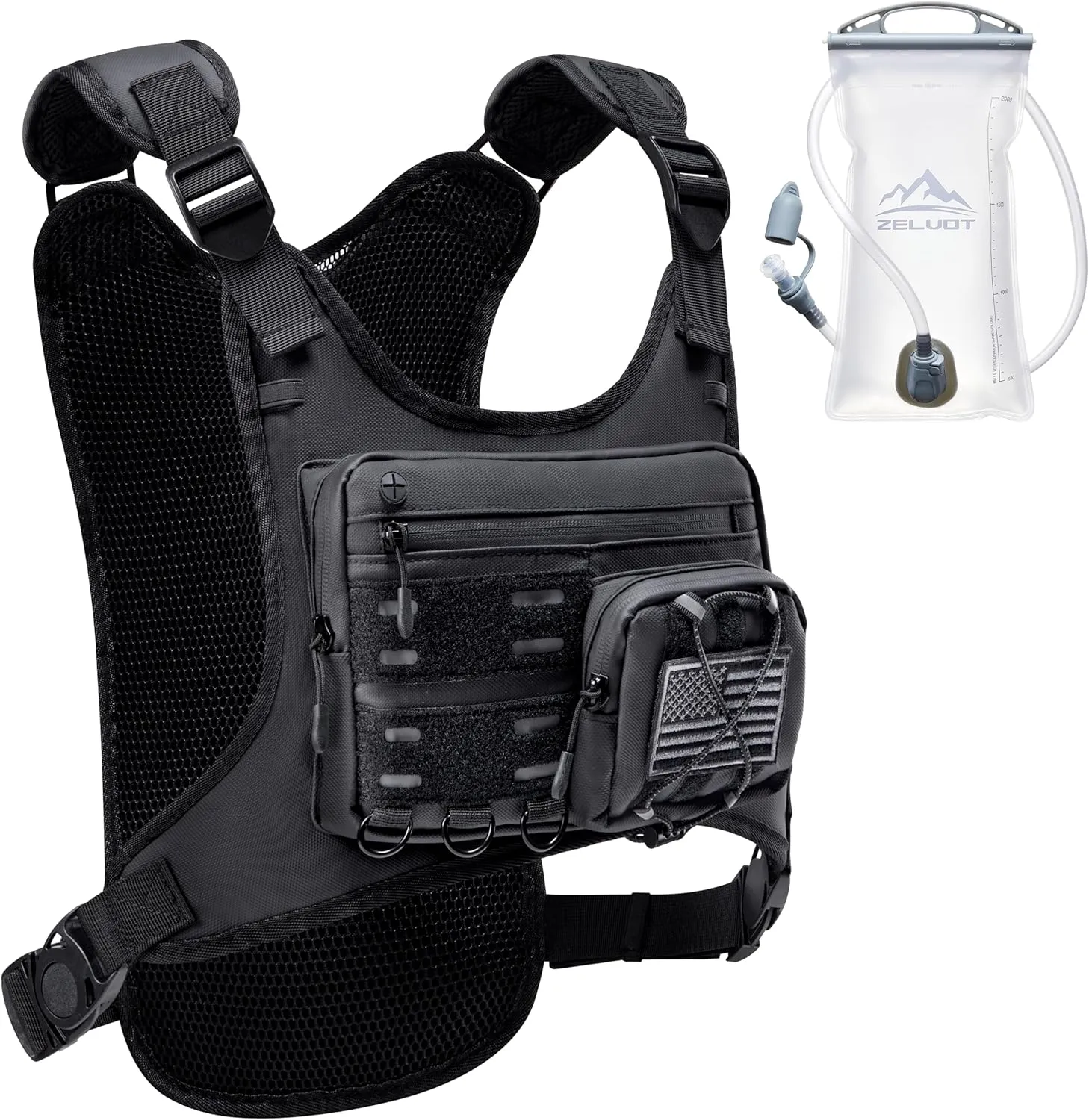 Running Vest with 2L Water Bladder, USA Original Patent, Lightweight Adjustable Chest Pack with Pistol Holster, Reflective Running Hydration Vest for Women Men for Hiking Marathon