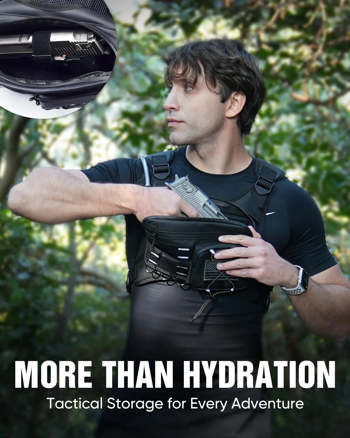 Running Vest with 2L Water Bladder, USA Original Patent, Lightweight Adjustable Chest Pack with Pistol Holster, Reflective Running Hydration Vest for Women Men for Hiking Marathon