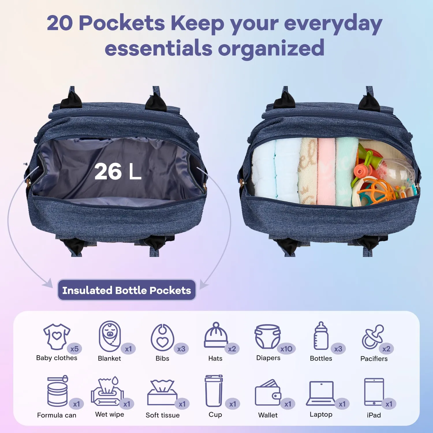 RUVALINO Diaper Bag Backpack, Multifunction Travel Pack Maternity Baby Changing Bags, Large Capacity, Waterproof, Navy Blue
