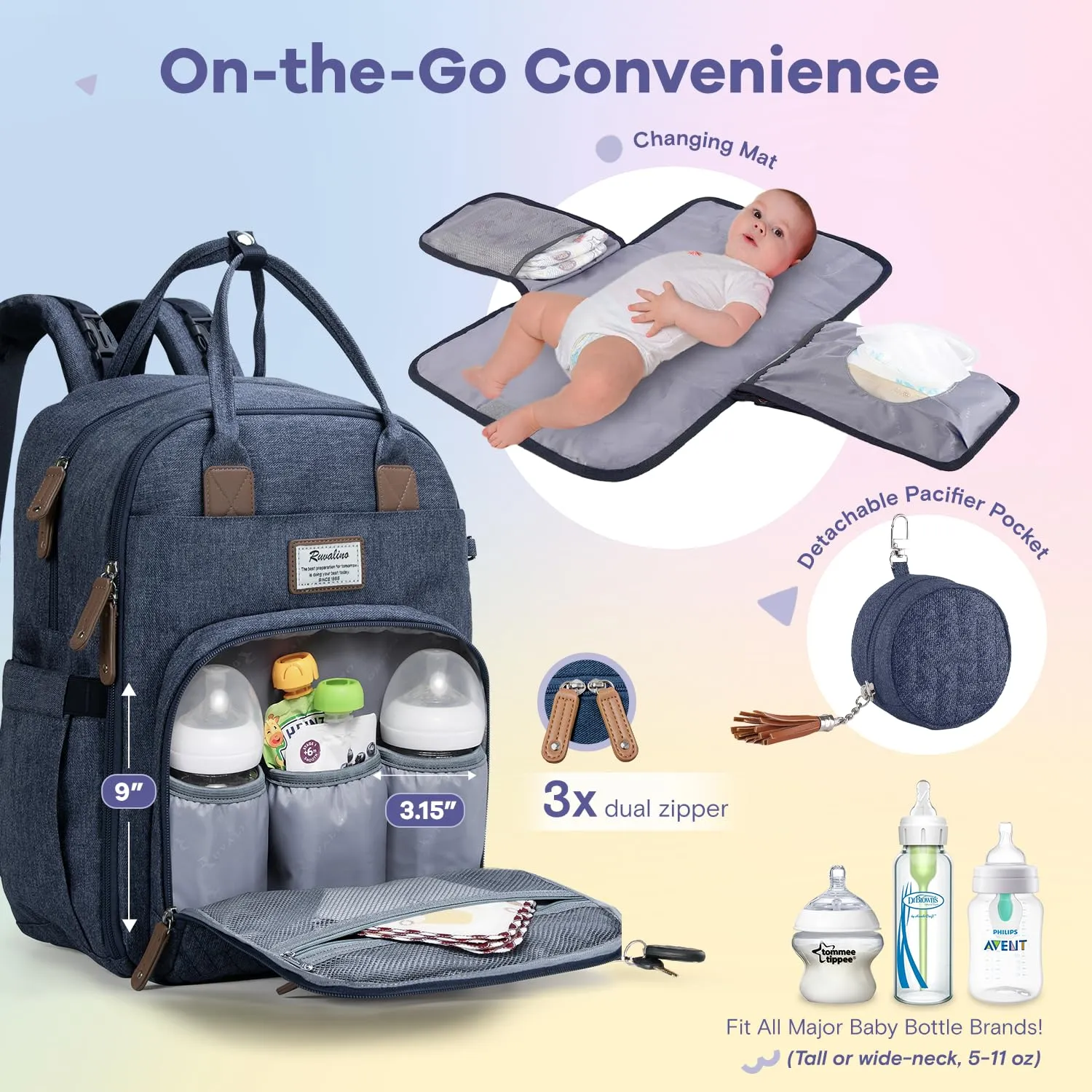 RUVALINO Diaper Bag Backpack, Multifunction Travel Pack Maternity Baby Changing Bags, Large Capacity, Waterproof, Navy Blue