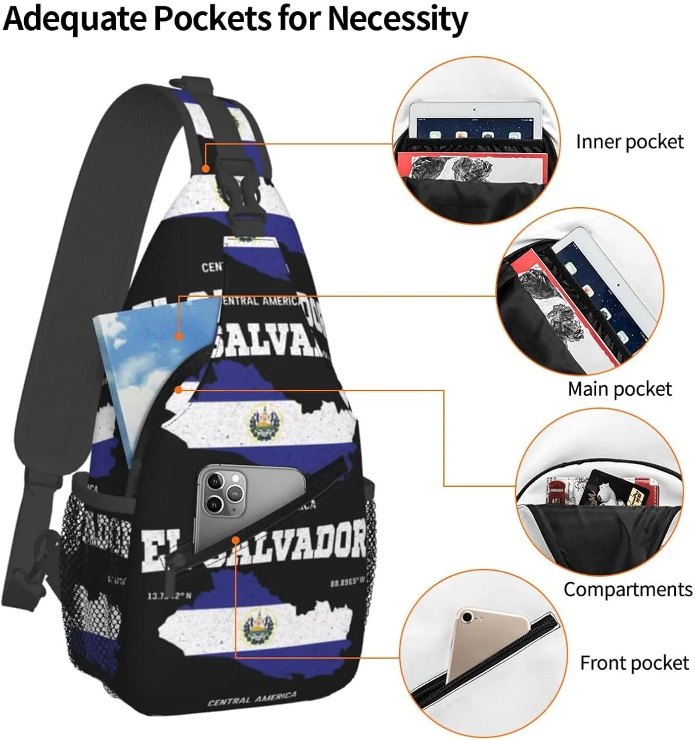 Salvadoran El Salvador Map Flag Chest Sling Bag Crossbody Shoulder Backpack Bag Gym Cycling Daypack Travel Hiking Cross Bag