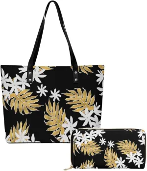 Samoan Tribal Floral Design Women'S Large Capacity Shoulder Bag Custom Polynesian Tote And Purse 2-Piece Set