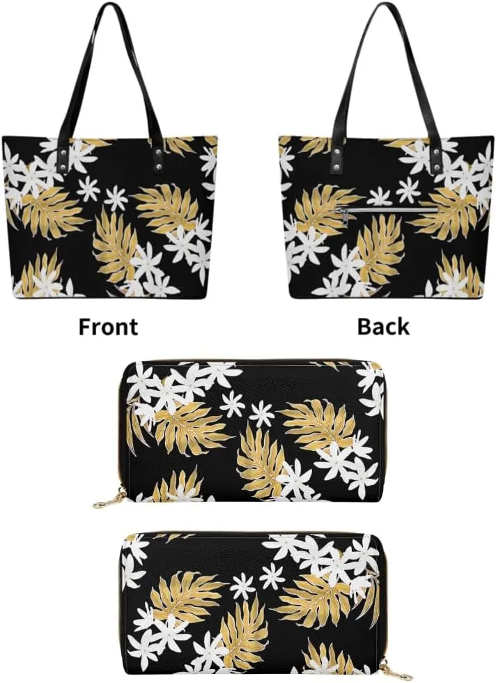 Samoan Tribal Floral Design Women'S Large Capacity Shoulder Bag Custom Polynesian Tote And Purse 2-Piece Set