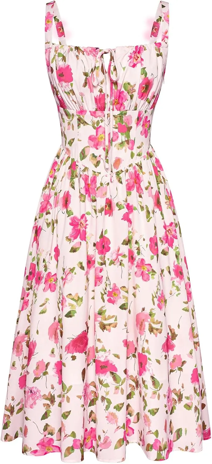Scarlet Darkness Floral Printed Corset Dress Ruched Bust Cami Dress Flowy Sundress