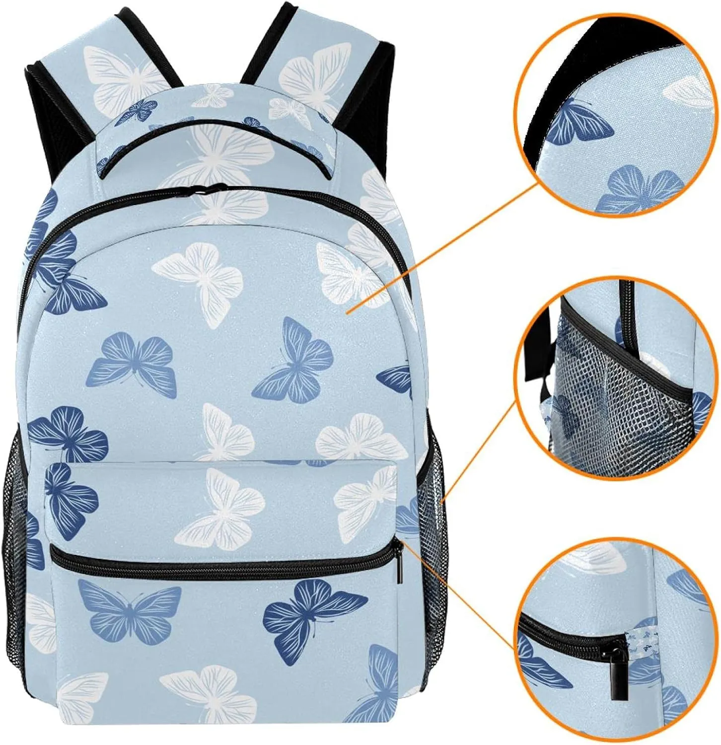 School Backpacks Blue Pattern Butterflies Elementary Students Bookbags With Water Bottle Pocket