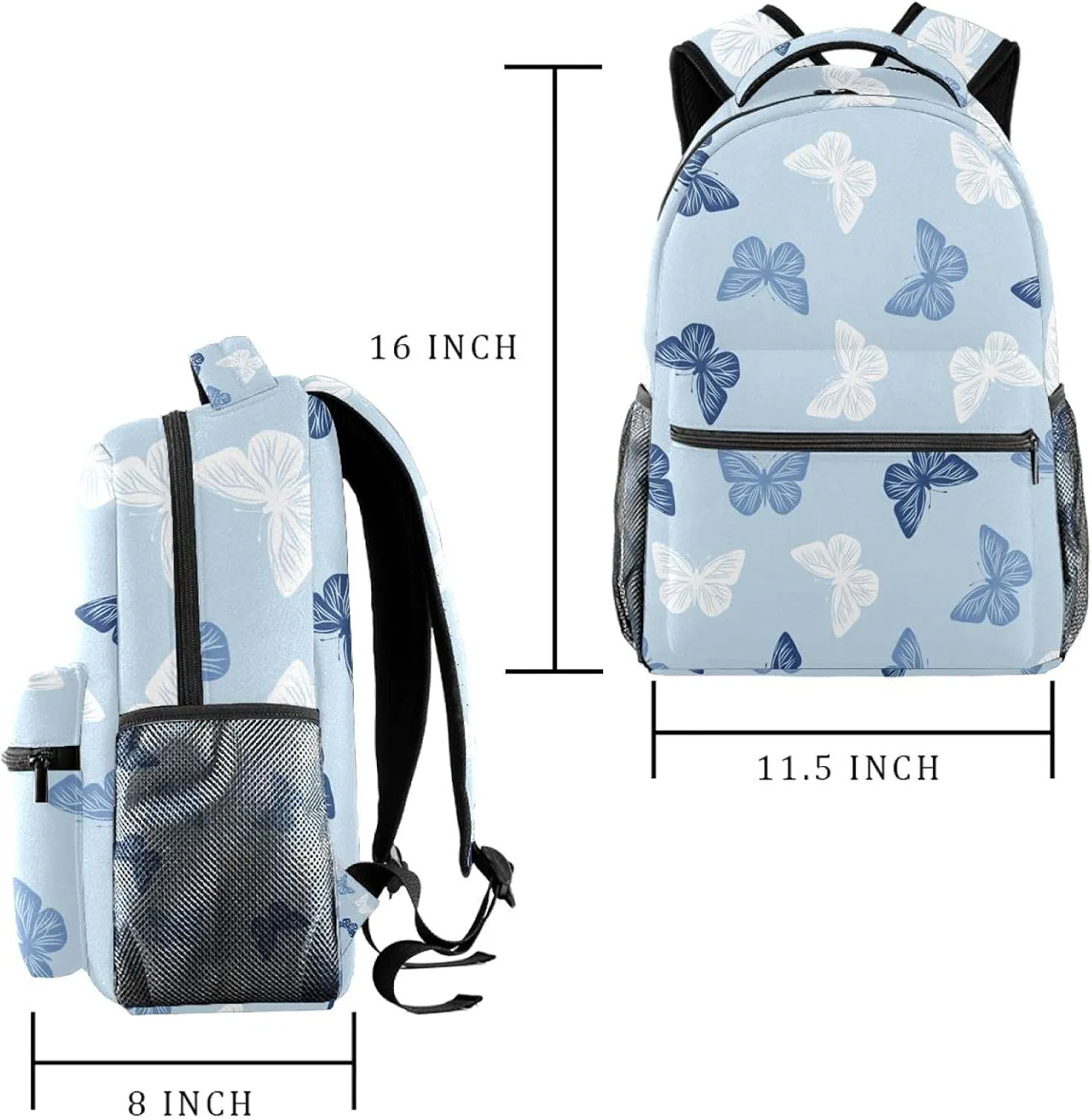 School Backpacks Blue Pattern Butterflies Elementary Students Bookbags With Water Bottle Pocket