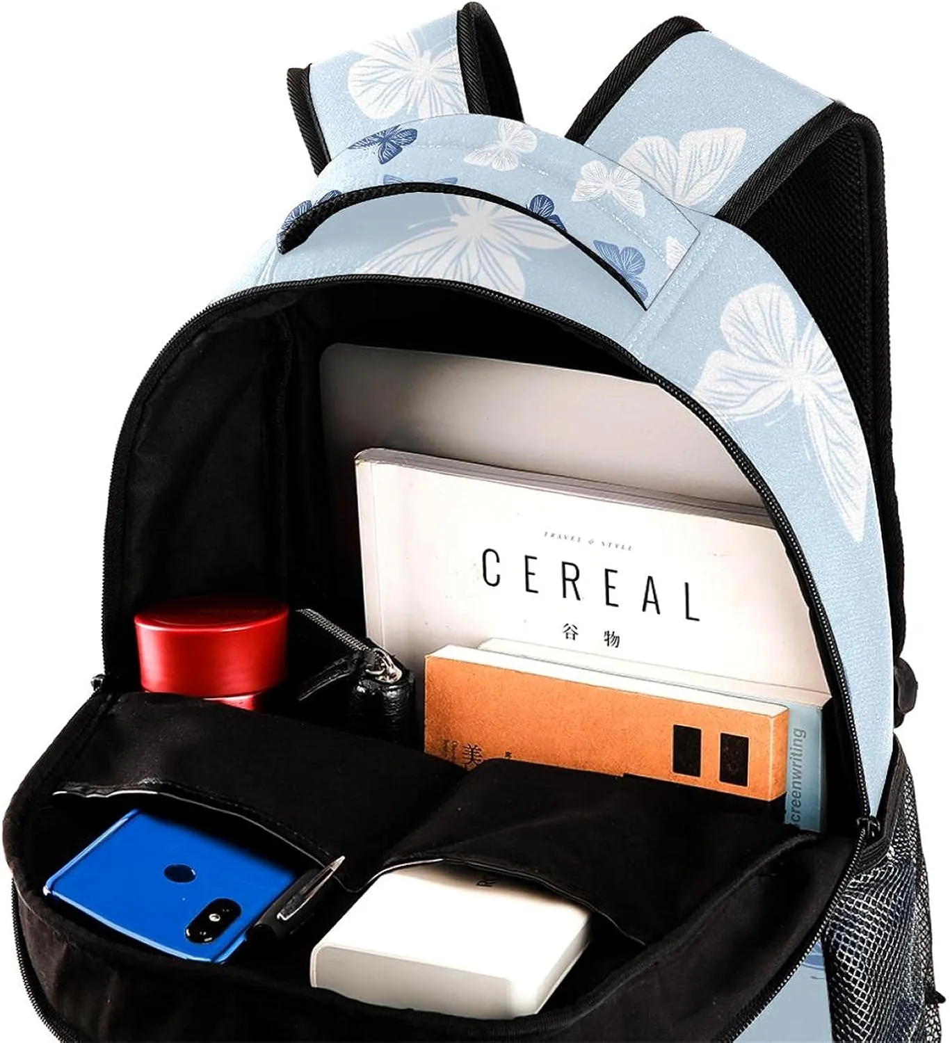 School Backpacks Blue Pattern Butterflies Elementary Students Bookbags With Water Bottle Pocket