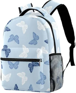 School Backpacks Blue Pattern Butterflies Elementary Students Bookbags With Water Bottle Pocket