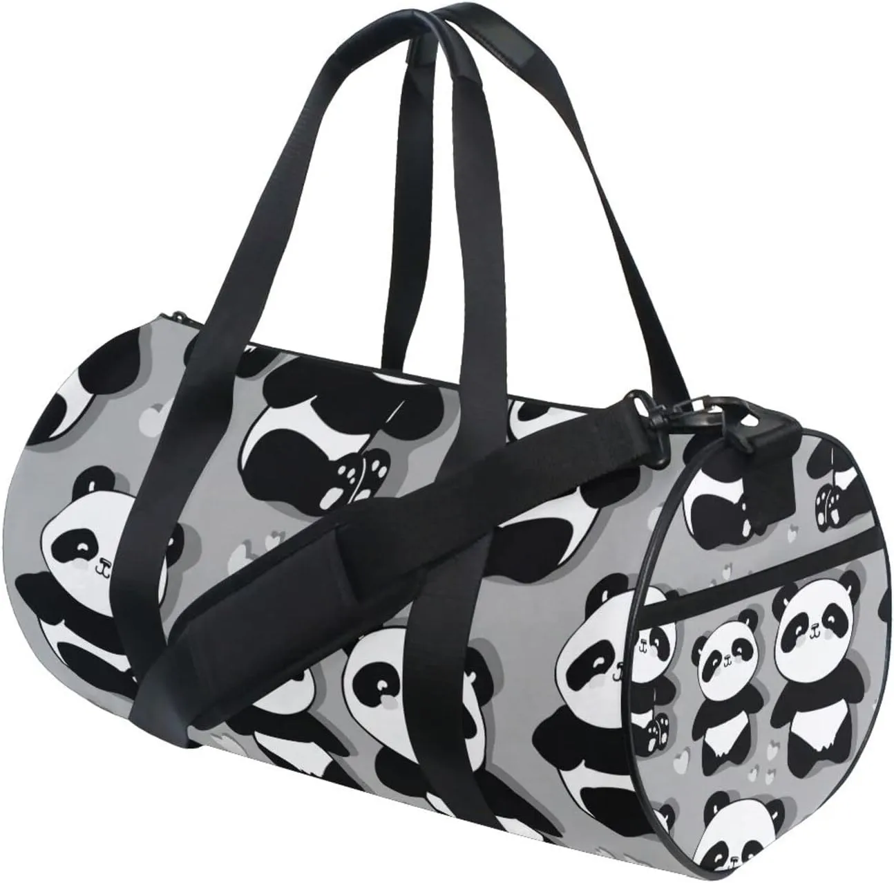 Seamless Black White Cute Panda with Hearts on Grey Duffel Bag, Foldable Canvas Travel Tote for Gym Sports with Inner Pockets, Durable Lightweight Fitness Bag for Overnight Workout