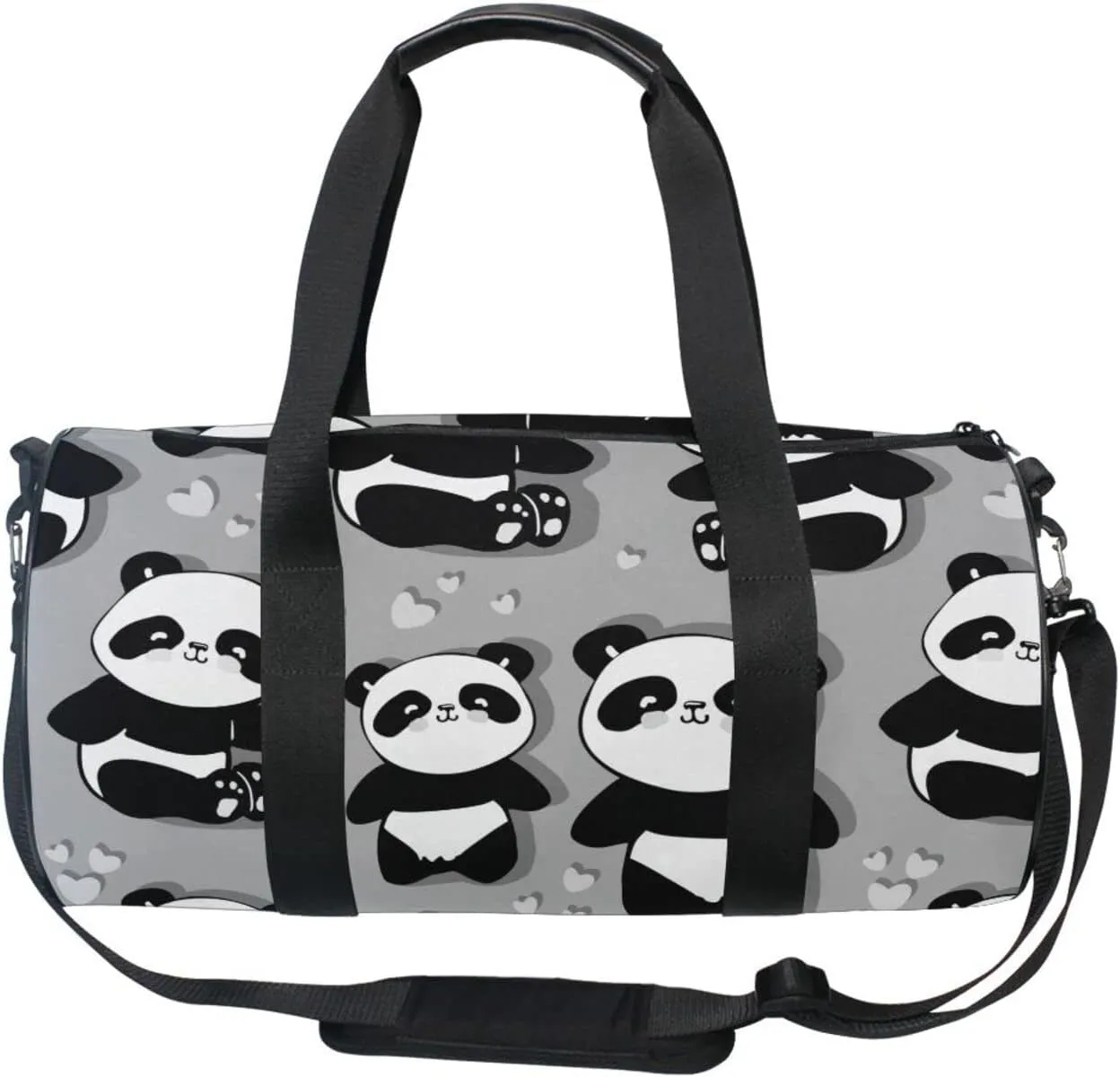 Seamless Black White Cute Panda with Hearts on Grey Duffel Bag, Foldable Canvas Travel Tote for Gym Sports with Inner Pockets, Durable Lightweight Fitness Bag for Overnight Workout