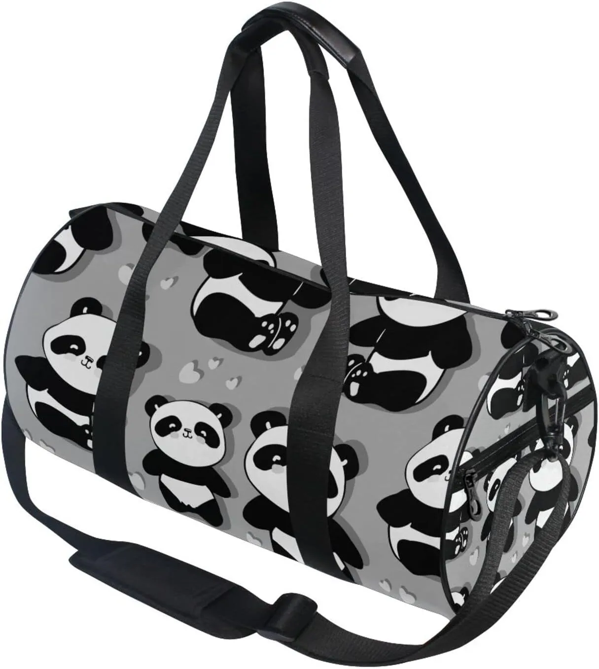 Seamless Black White Cute Panda with Hearts on Grey Duffel Bag, Foldable Canvas Travel Tote for Gym Sports with Inner Pockets, Durable Lightweight Fitness Bag for Overnight Workout