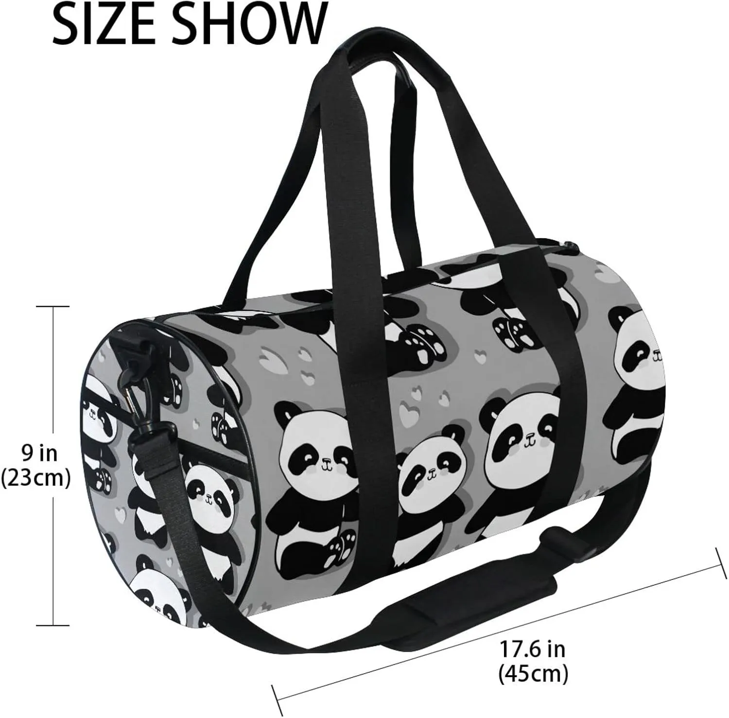 Seamless Black White Cute Panda with Hearts on Grey Duffel Bag, Foldable Canvas Travel Tote for Gym Sports with Inner Pockets, Durable Lightweight Fitness Bag for Overnight Workout