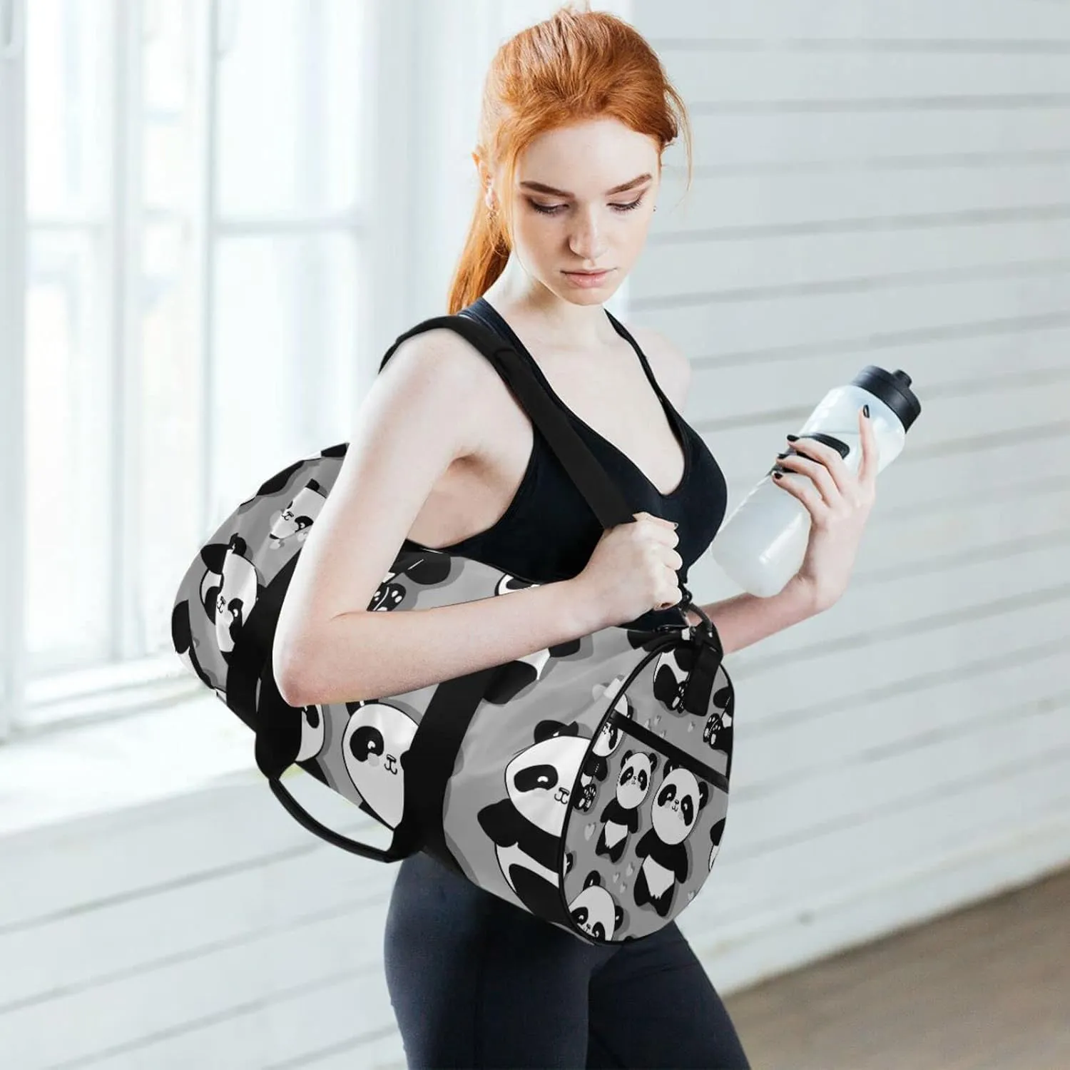 Seamless Black White Cute Panda with Hearts on Grey Duffel Bag, Foldable Canvas Travel Tote for Gym Sports with Inner Pockets, Durable Lightweight Fitness Bag for Overnight Workout