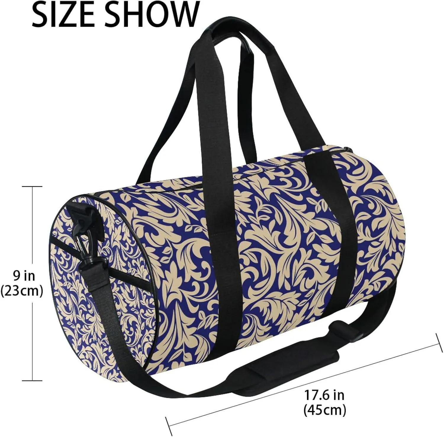 Seamless Gold Baroque, Damask Floral Pattern on Dark Blue Portable Gym Bag, Travel Bag, Luggage bag, Sports Bag, Toiletry Bag with Handles, Detachable Shoulder Strap 17.6 x 9 x 9 inch