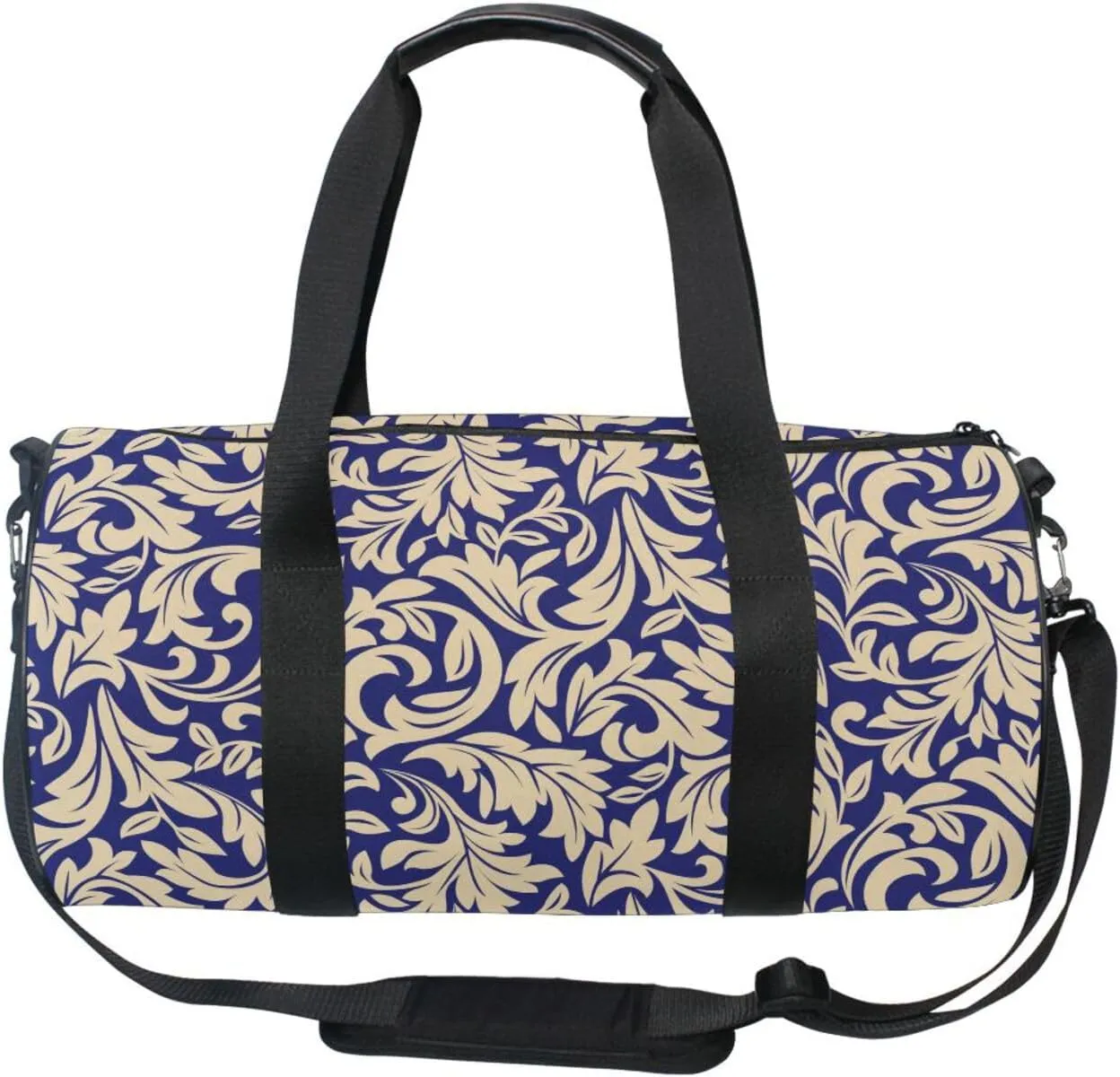 Seamless Gold Baroque, Damask Floral Pattern on Dark Blue Portable Gym Bag, Travel Bag, Luggage bag, Sports Bag, Toiletry Bag with Handles, Detachable Shoulder Strap 17.6 x 9 x 9 inch