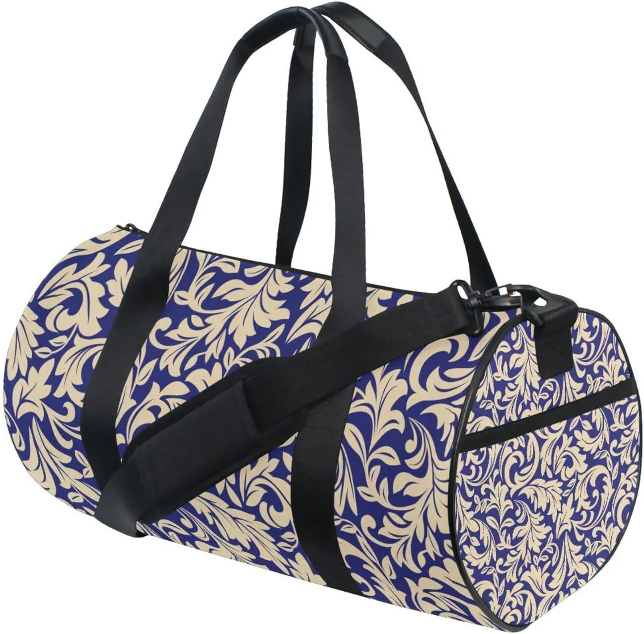 Seamless Gold Baroque, Damask Floral Pattern on Dark Blue Portable Gym Bag, Travel Bag, Luggage bag, Sports Bag, Toiletry Bag with Handles, Detachable Shoulder Strap 17.6 x 9 x 9 inch