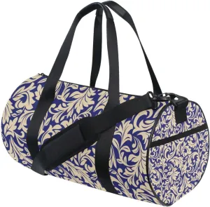 Seamless Gold Baroque, Damask Floral Pattern on Dark Blue Portable Gym Bag, Travel Bag, Luggage bag, Sports Bag, Toiletry Bag with Handles, Detachable Shoulder Strap 17.6 x 9 x 9 inch