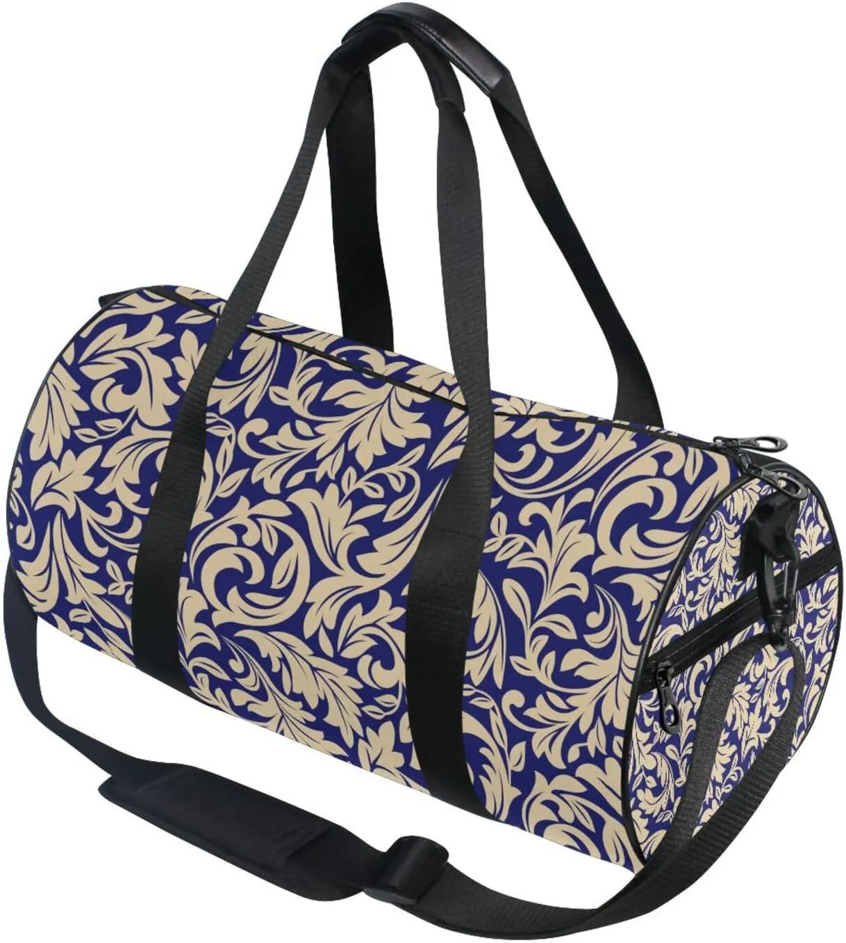 Seamless Gold Baroque, Damask Floral Pattern on Dark Blue Portable Gym Bag, Travel Bag, Luggage bag, Sports Bag, Toiletry Bag with Handles, Detachable Shoulder Strap 17.6 x 9 x 9 inch