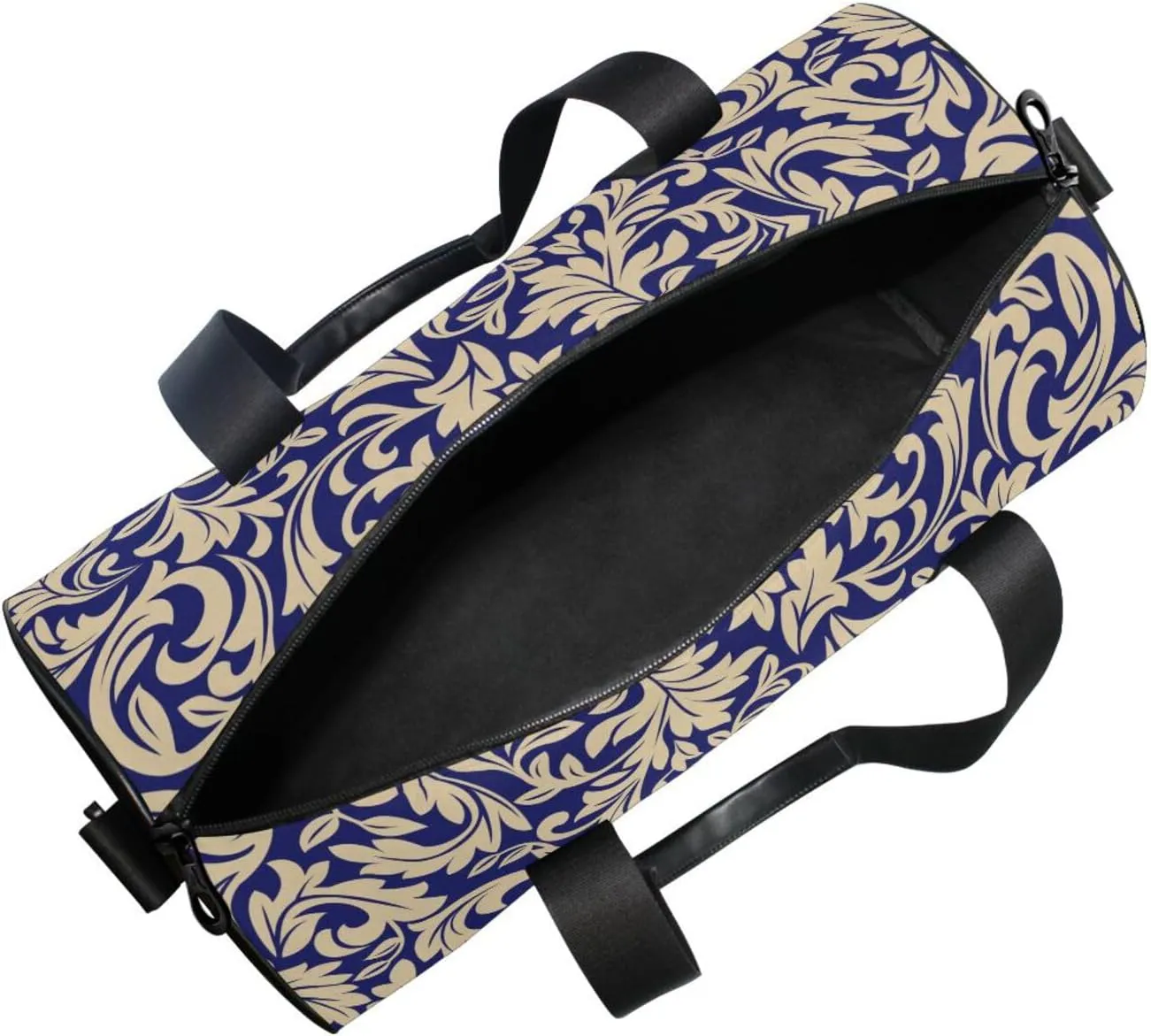Seamless Gold Baroque, Damask Floral Pattern on Dark Blue Portable Gym Bag, Travel Bag, Luggage bag, Sports Bag, Toiletry Bag with Handles, Detachable Shoulder Strap 17.6 x 9 x 9 inch