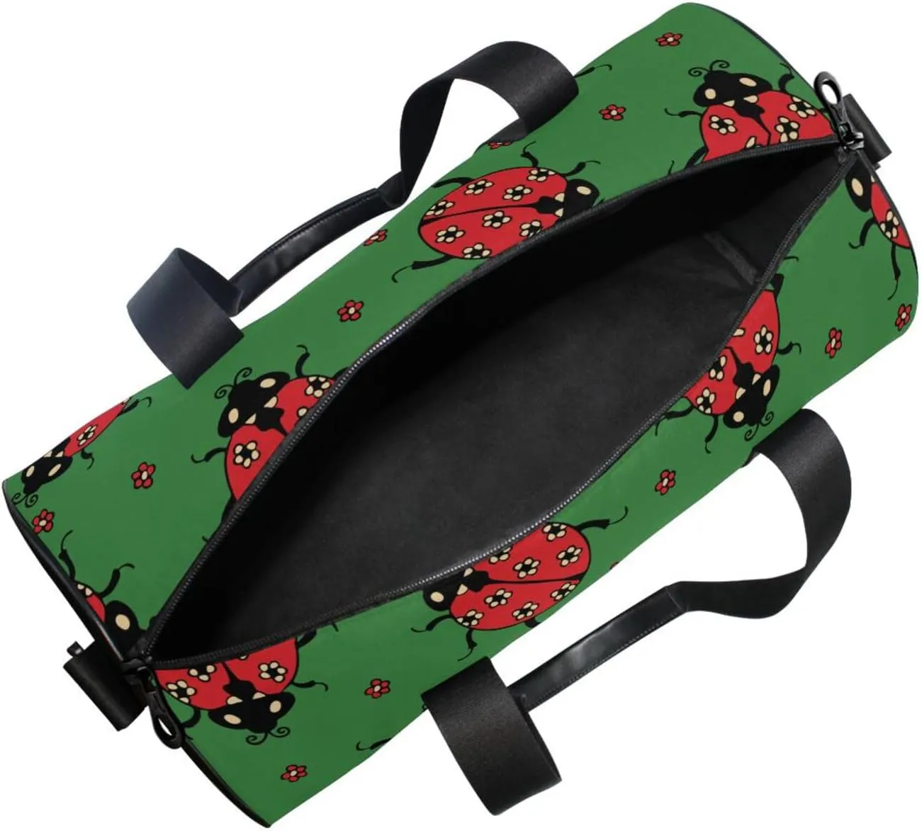 Seamless Red Ladybugs with Flowers on Green Portable Gym Bag, Travel Bag, Luggage bag, Sports Bag, Toiletry Bag with Handles, Detachable Shoulder Strap 17.6 x 9 x 9 inch