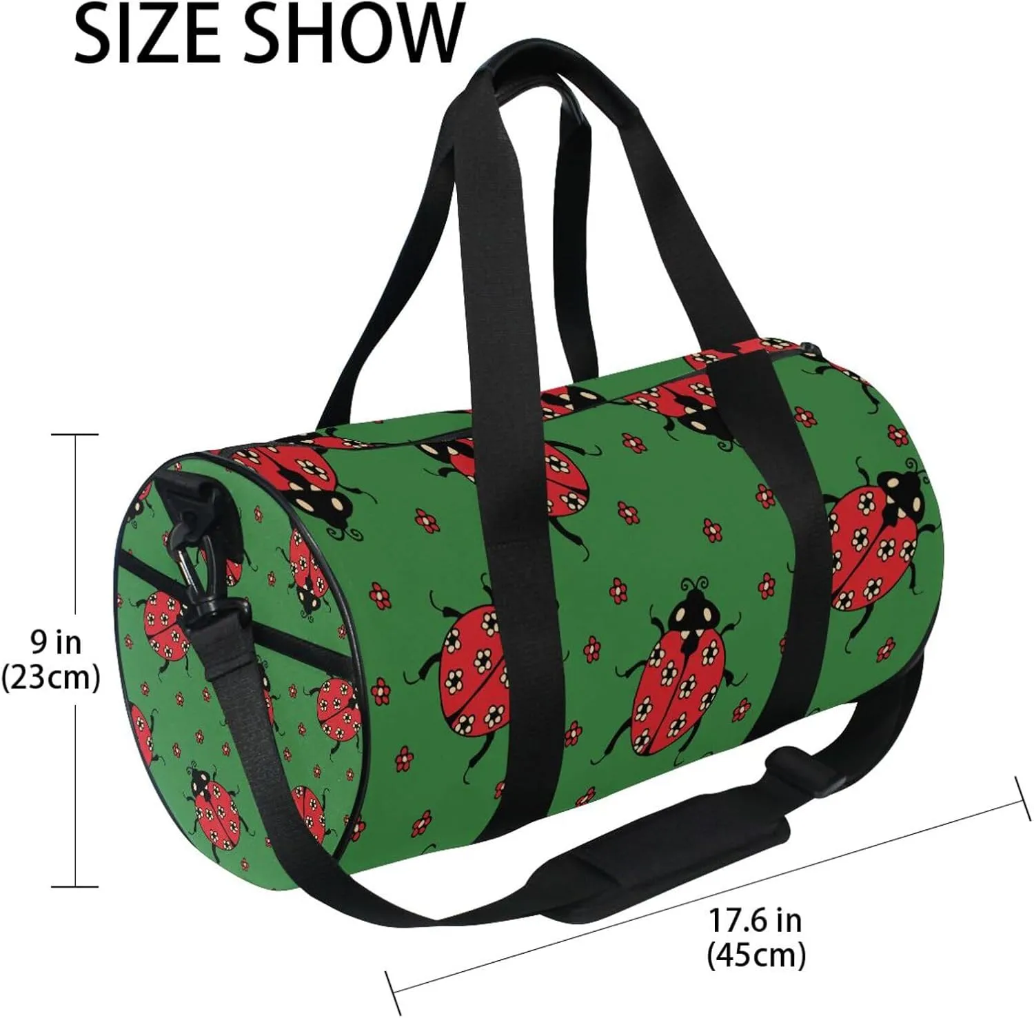 Seamless Red Ladybugs with Flowers on Green Portable Gym Bag, Travel Bag, Luggage bag, Sports Bag, Toiletry Bag with Handles, Detachable Shoulder Strap 17.6 x 9 x 9 inch