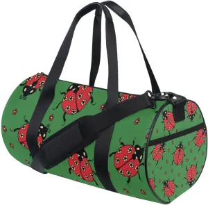 Seamless Red Ladybugs with Flowers on Green Portable Gym Bag, Travel Bag, Luggage bag, Sports Bag, Toiletry Bag with Handles, Detachable Shoulder Strap 17.6 x 9 x 9 inch