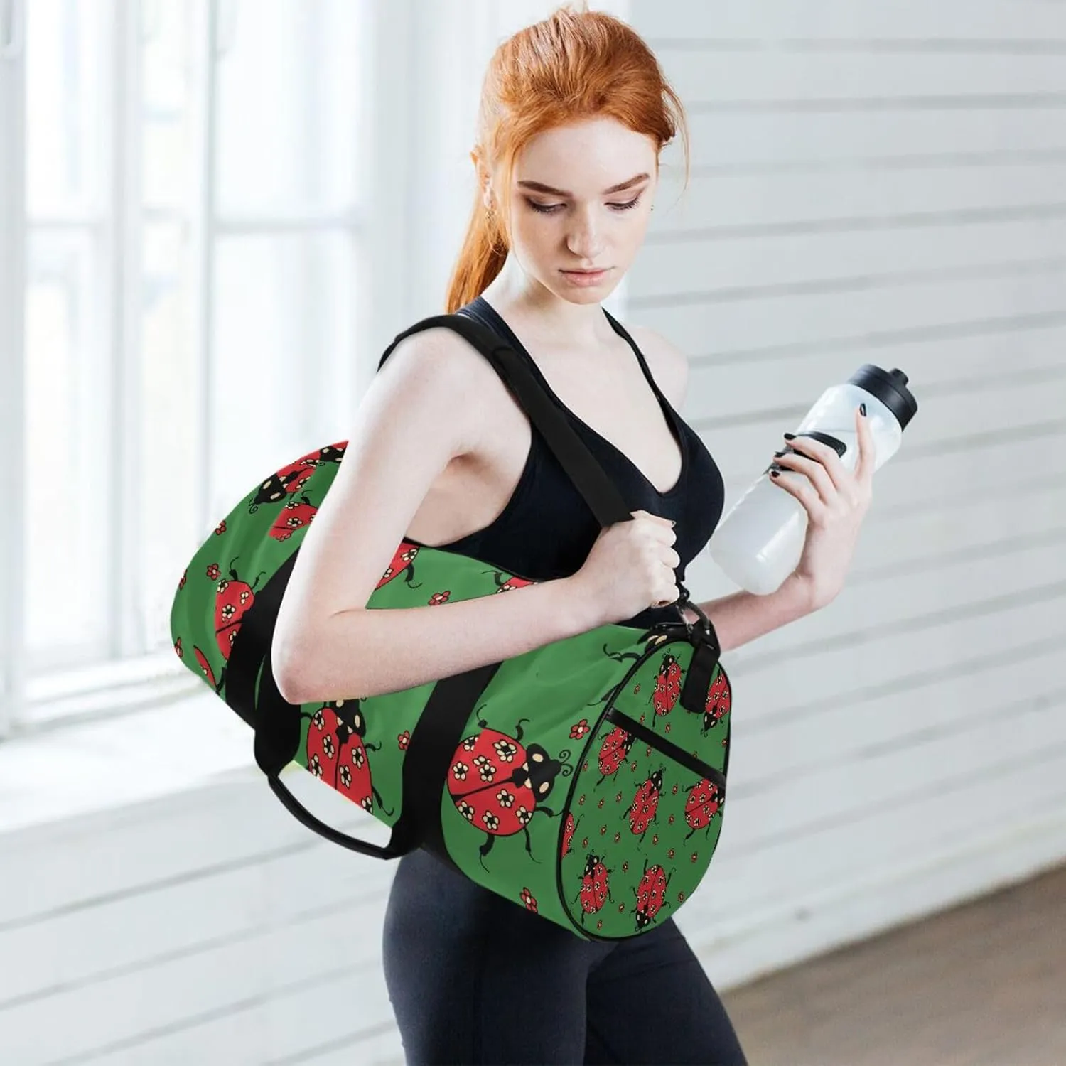 Seamless Red Ladybugs with Flowers on Green Portable Gym Bag, Travel Bag, Luggage bag, Sports Bag, Toiletry Bag with Handles, Detachable Shoulder Strap 17.6 x 9 x 9 inch