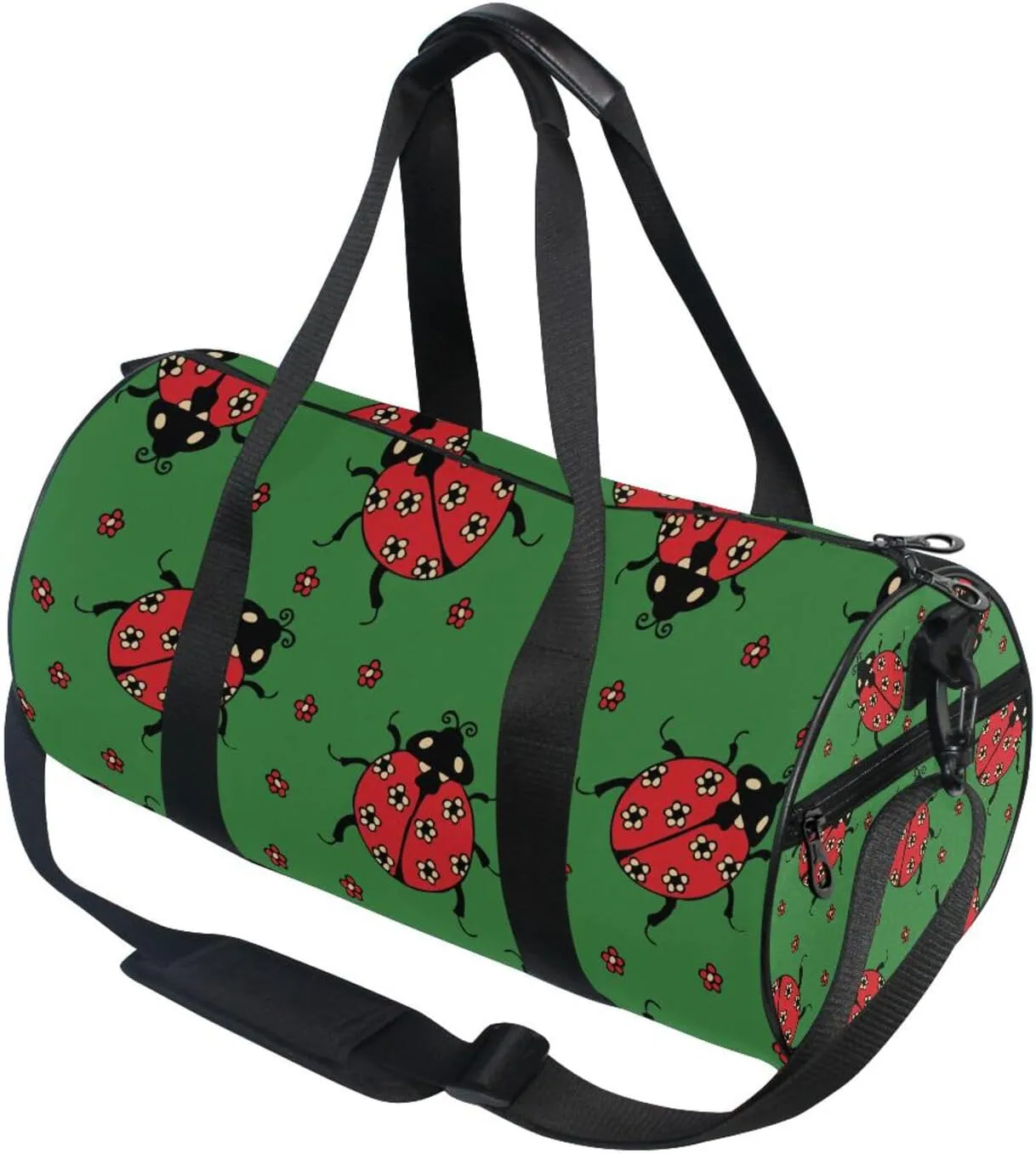 Seamless Red Ladybugs with Flowers on Green Portable Gym Bag, Travel Bag, Luggage bag, Sports Bag, Toiletry Bag with Handles, Detachable Shoulder Strap 17.6 x 9 x 9 inch