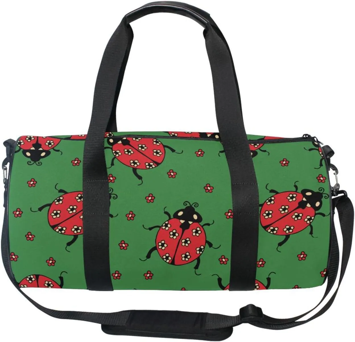 Seamless Red Ladybugs with Flowers on Green Portable Gym Bag, Travel Bag, Luggage bag, Sports Bag, Toiletry Bag with Handles, Detachable Shoulder Strap 17.6 x 9 x 9 inch